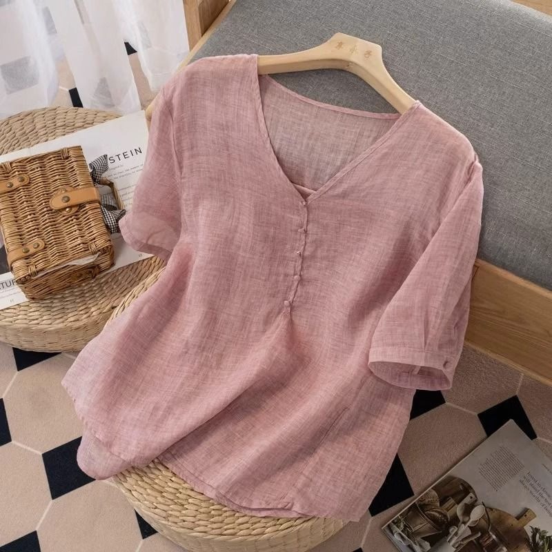 Linen Shirt Breathable - Damen-T-Shirt aus Leinenmischung mit V-Ausschnitt, kurzärmelig,